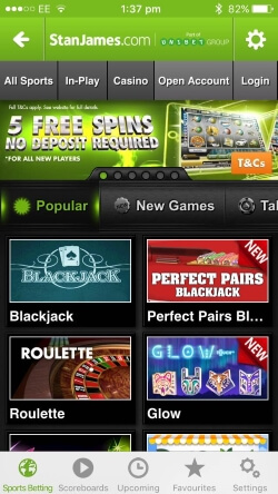 Stan James Casino IOS App offers casino games including blackjack and roulette plus sports betting on the go