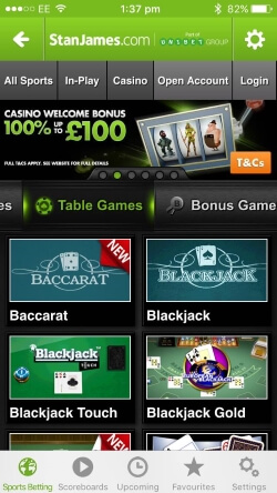 Stan James Casino IOS App - play blackjack, roulette and online slots on your mobile