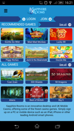 Play casino online at Sapphire Rooms Mobile Casino